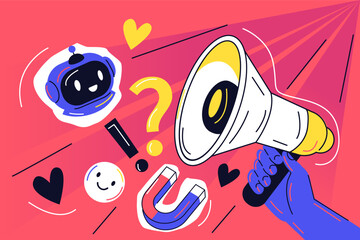 Fototapeta premium Hands holding megaphone and presenting ai digital marketing tools used in social media promotion. Work automation in advertising vector illustration.