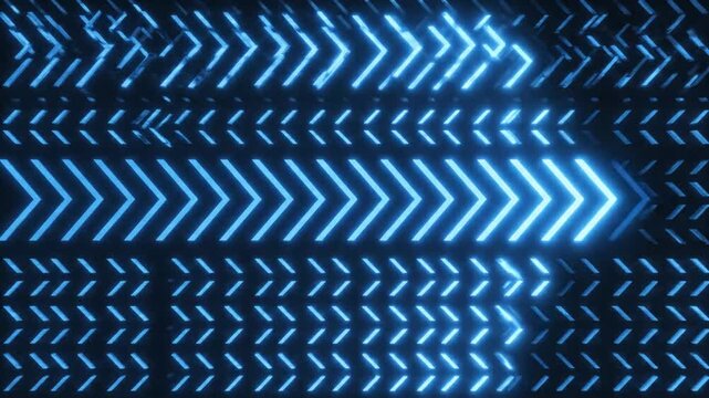 Abstract digital background with glowing blue chevron patterns moving forward on a dark, textured surface