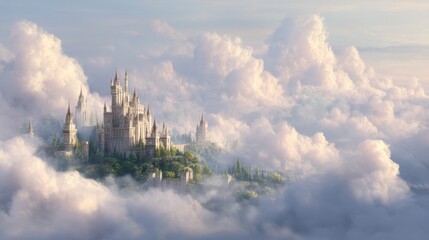 Fototapeta premium Grand fantasy castle on a hill surrounded by clouds. Magical kingdom palace in sky. Dreamy realm illustration for children book.