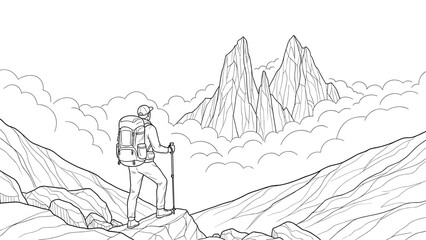 Fototapeta premium Adventurer exploring mountain peaks in minimalist black and white line art