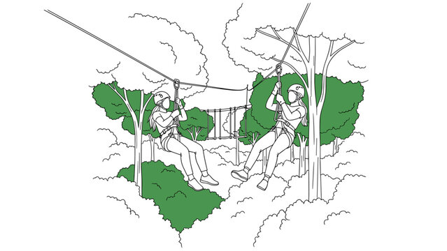 Adventurers zip lining through lush forest in minimalist line art drawing