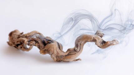 Twisted piece of weathered wood with swirling smoke. Natural driftwood and incense smoke for aromatherapy and calm meditation.