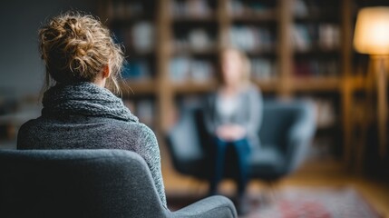 Woman sits attentively during a one on one conversation in a softly lit room