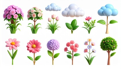 3d render collection of plants and clouds, set of vector flowers on isolated white