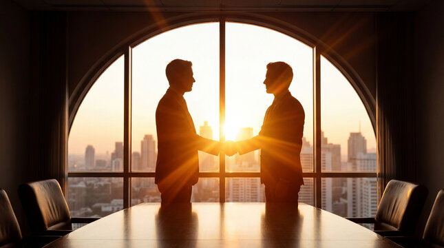 Silhouette handshake sunset skyline business meeting office partnership two men boardroom