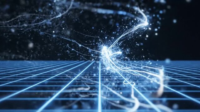 Abstract digital grid with glowing blue lines and cosmic energy particles in a dark, futuristic cyberspace