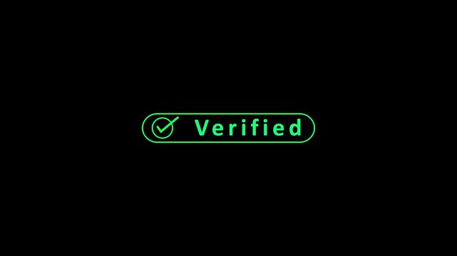A dark black background a rounded rectangular button with a glowing green checkmark and the word Verifi in a blurred bright green font, symbolizing a successful and confirmed verification on a dark