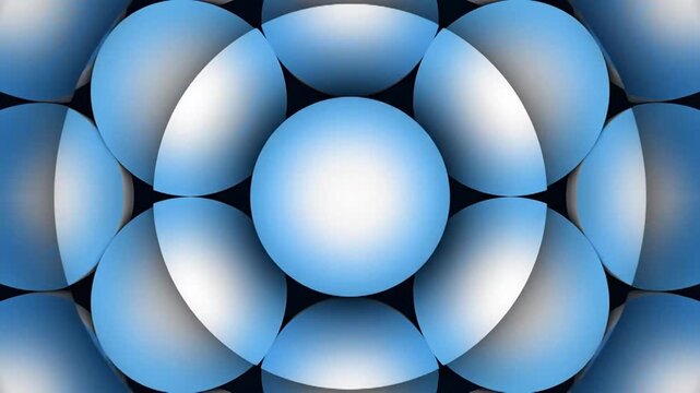 Abstract seamless loop of glowing blue spheres arranged in a symmetrical pattern around a central white sphere