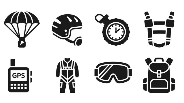 Skydiving gear icons set: parachute, helmet, stopwatch, harness, radio, suit, goggles, backpack