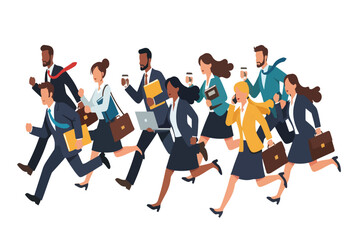 Fototapeta premium Flat modern illustration of diverse business professionals running with laptops documents and coffee representing fast paced office life.
