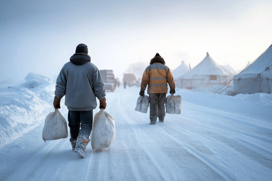 Inuit workers unloading supplies near arctic settlement, practical daily labor, community survival theme