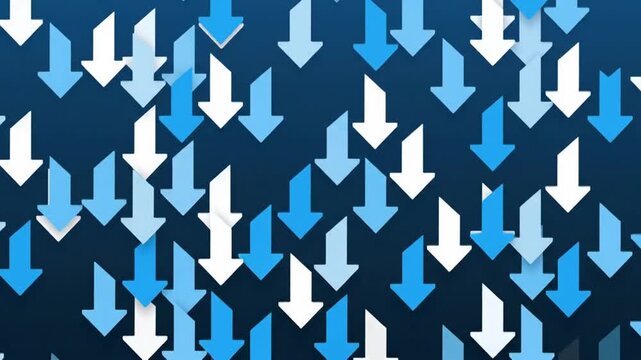 Abstract seamless pattern of white and blue arrows pointing downwards on a dark blue gradient background, representing decline or data flow.