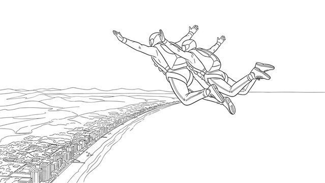 Linear art of tandem skydiving over coastal cityscape