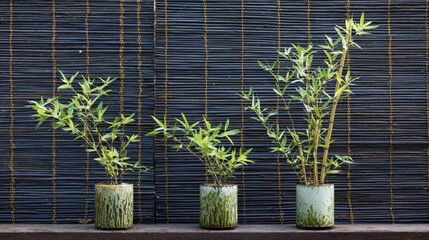 Three potted young bamboo plants rest on a wooden surface against a dark woven screen