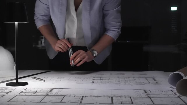 Female architect working on blueprints, measuring building plans at night, designing new construction project. Business and architect people concept