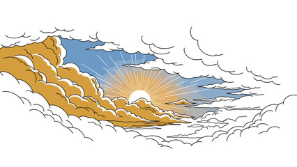 Naklejka premium Dramatic sunrise with golden clouds and radiant sky in linear art style