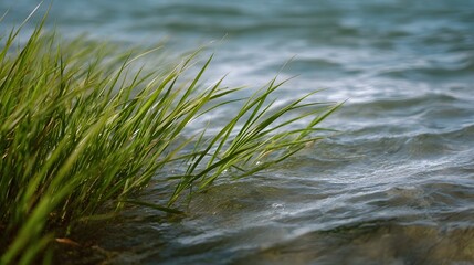Close up of vibrant green grass blades swaying gently at the edge of clear rippling water