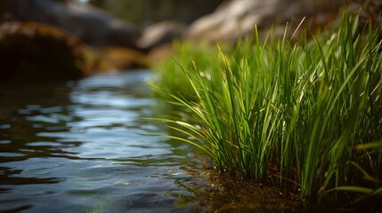 Obraz premium Close up view of lush green grass growing on the bank of a clear shallow stream with blurred rocks in the background