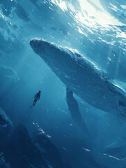 Fototapeta premium Surreal underwater scene with a tiny swimmer and a massive blue whale