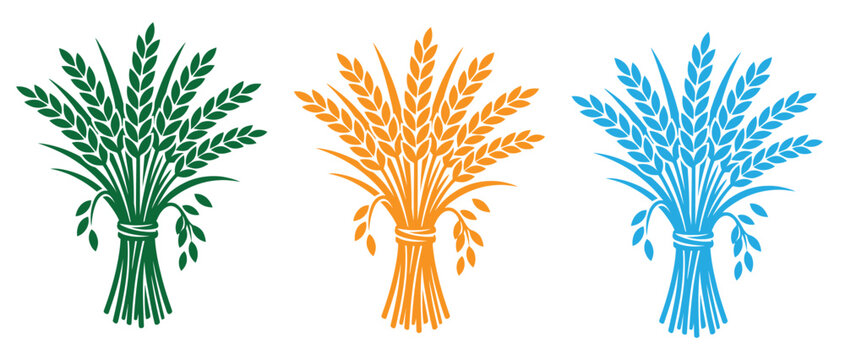 Minimalist Green Rice or Wheat Crop Bundle Logo, ideal for agriculture and food industry branding, featuring tied stalks and grain heads on a clean white background., Flat Vector Elements, Vector .