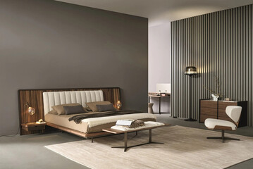 Modern luxury bedroom interior in minimal scandinavian style, 3d render © evgenij