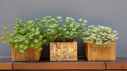 Three potted green plants display their foliage atop a wooden surface against a muted background.