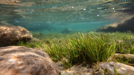 Underwater scene showcasing lush green seagrass and rocks bathed in sunlight filtering through clear shallow turquoise water