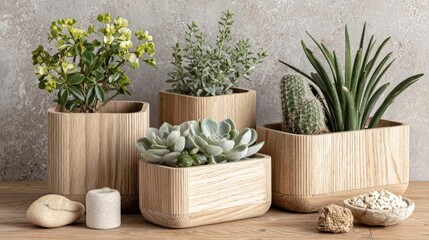 Group of four various potted plants displayed in contemporary wooden containers on a wooden surface