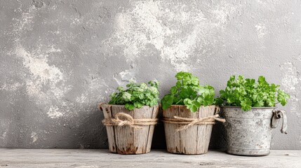 Fresh green herbs growing in rustic containers against a textured gray wall