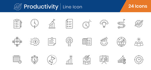 Productivity Outline Icons Set. Time Management, Project, Efficiency Linear Vector Editable Stroke Icons