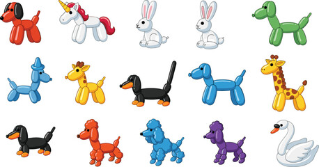 Colorful Balloon Animal Vector Icon Set Featuring Dogs Unicorns Rabbits Giraffes Poodles And Swans For Birthday Party And Celebration Design © Sumona