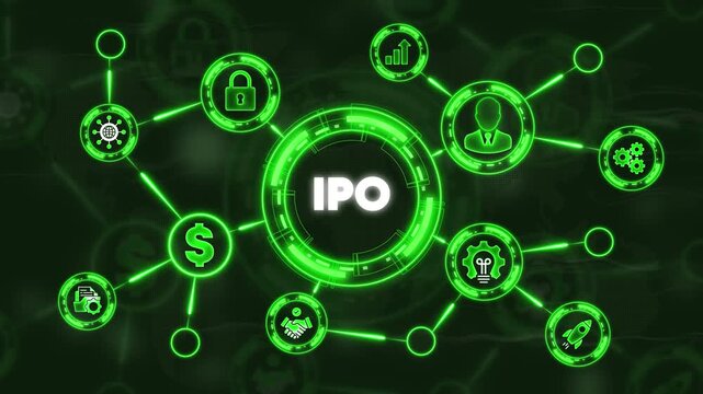 Initial Public Offering I P O Concept with Green Neon and Network Connections Representing Business Finance and Investment Opportunities