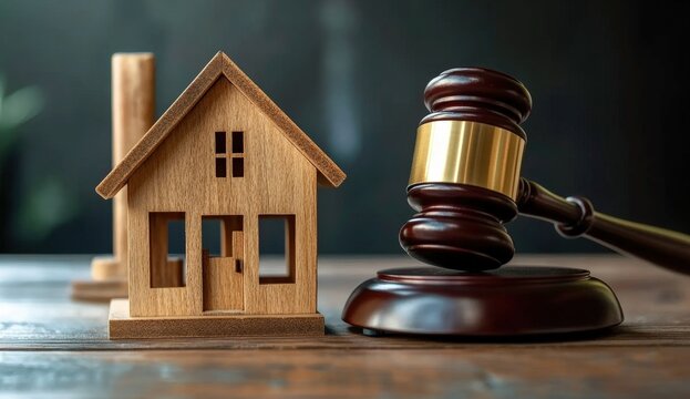 A wooden house model beside a gavel, symbolizing the intersection of real estate and legal matters in a professional setting.