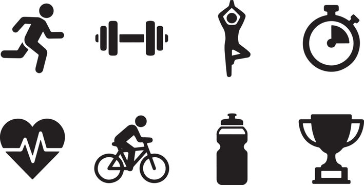 A collection of eight black silhouette icons representing health, fitness, and sports activities Vector