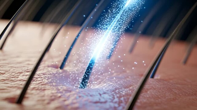 Microscopic view of hair follicle regeneration and growth with glowing particles and cellular 4K Ai HD high quality video.