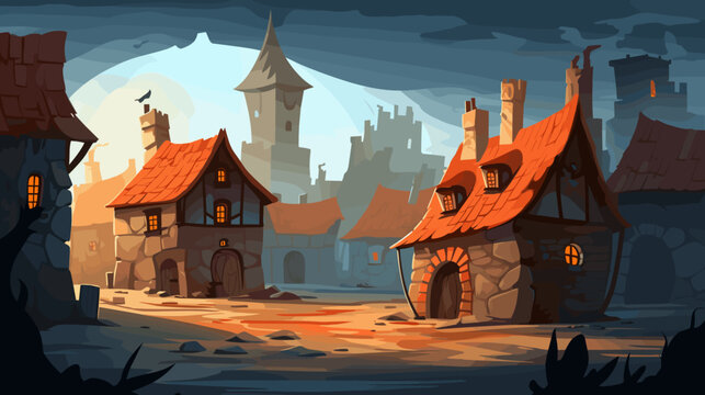 Fantasy Village Illustration Storybook Setting With Quaint Houses And Rolling Hills For Children'S Book Illustration And Game Design