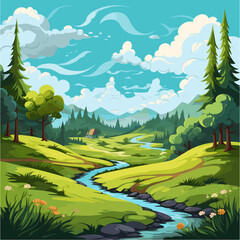 Naklejka premium A winding blue river flows through lush green rolling hills and forests of pine and deciduous trees. In the distance, a small cottage sits nestled among the hills under mountains