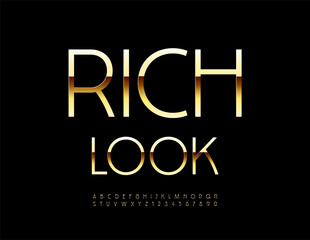Vector Fashion icon Rich Look. Trendy Slim Gold Font. Stylish Classy Alphabet Letters and Numbers.