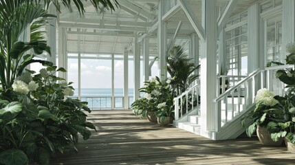 Brightly lit wooden veranda overlooking a serene ocean view is lined with lush potted foliage