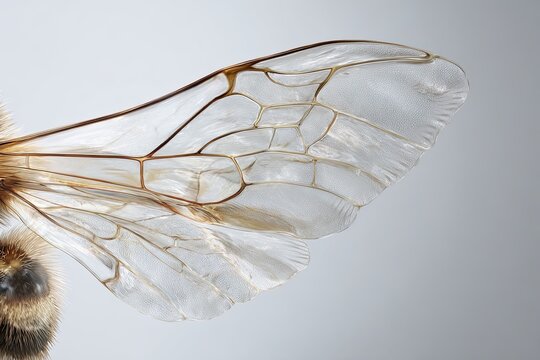 Wing of a honeybee: A close-up shot of a honeybee's delicate wing showcasing the intricate details of its transparent structure. The wing reveals the beauty and complexity of the natural world.
