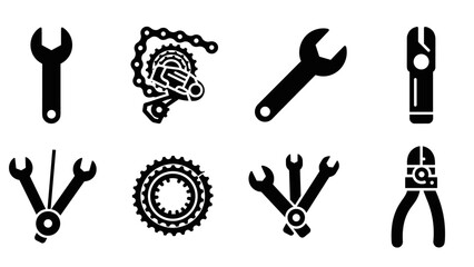 Black bicycle repair tools collection in bold silhouette style