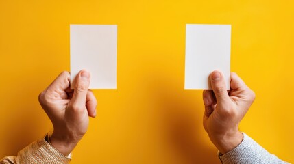 Two hands hold blank white rectangles against a vibrant yellow background