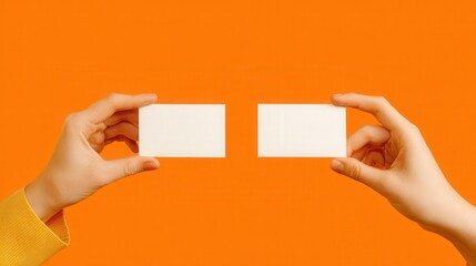 Two hands prominently display identical blank rectangular cards against a vibrant orange background