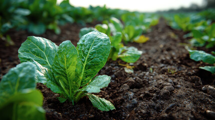 Obraz premium Lettuce farmland soil agriculture crop organic vegetable green leaf garden closeup fresh growth seedling field rural season spring summer