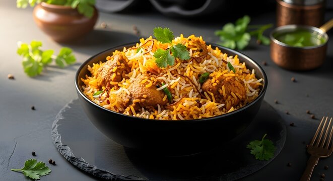 Delicious ramadan food a bowl of flavorful chicken biryani for suhoor or iftar