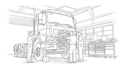 Mechanics repairing truck in garage workshop - linear black and white drawing with detailed perspective