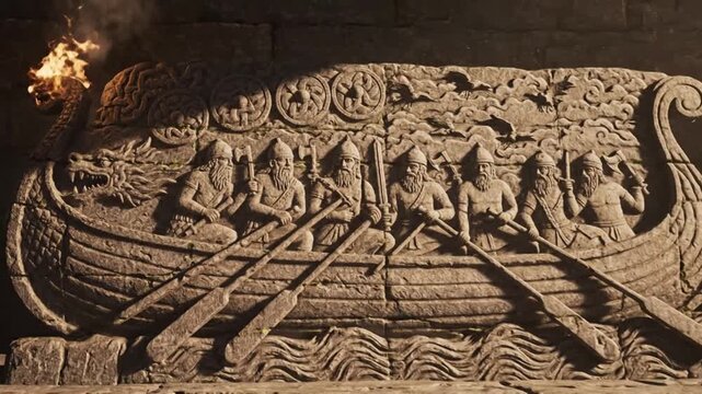 Ancient stone carving of a fearsome dragon head with sharp teeth and intricate knotwork details, textured and weathered