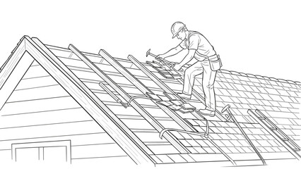 Obraz premium Roofer installing shingles on residential roof in detailed line art