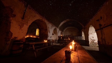 shifting. A grand candlelit hall with a long table under a starry night sky ceiling. event programs, museum guides, designed for cultural heritage projects and event programs, preserves heritage.
