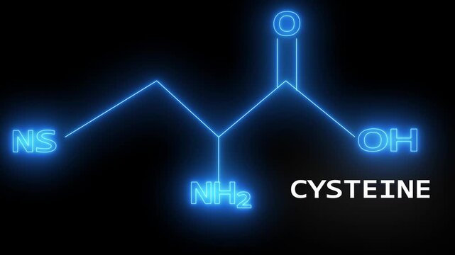Cysteine amino acid molecular structure with neon and white neon glow animation on black background.